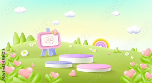 Stage decor with tree shapes. 3d pedestal natural scene or platform for product stand. Vector illustration. Podium for kid’s product presentations.