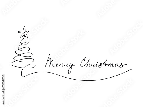 Merry Christmas slogan quote with linear fir tree star icon. Vector handwritten lettering. Modern line calligraphy, text design for print, banner, wall art poster, winter holiday greeting card, logo.