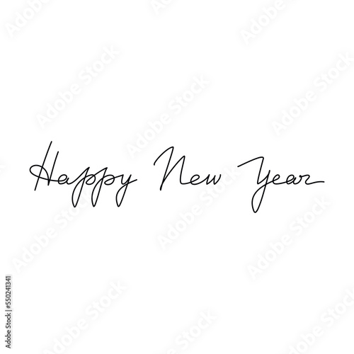 Greeting slogan Happy New Year. Vector hand writing lettering. Modern line calligraphy, text design for print, banner, wall art poster, winter holiday greeting card, brochure, postcard.