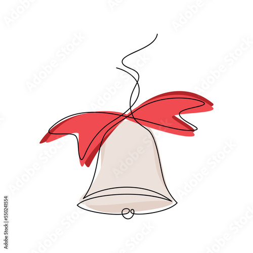 Christmas bell with red bow vector one line continuous illustration. Winter holiday hand drawing. Minimal linear icon. Festive design, print, banner, poster, postcard, New Year greeting card.