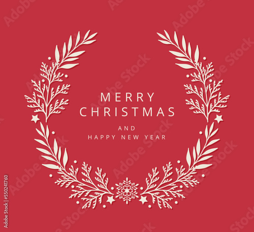 Christmas wreath of fir branches, leaves and snowflakes. Festive greeting card with floral frame on red background. Vector illustration