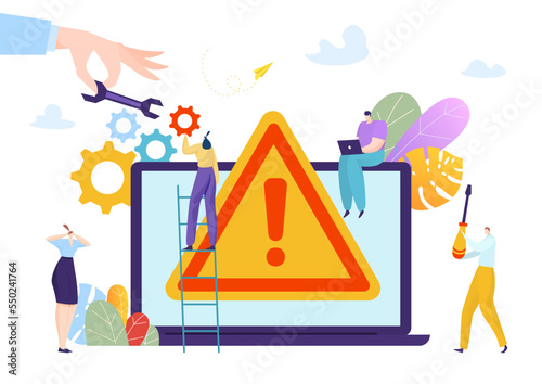 Concept computer technology device, laptop software application system error flat vector illustration, isolated on white.