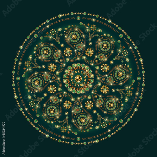 Jewellery luxury mandala with paisley motifs Round ornament made of gold jewelry chains, green gems, rhinestones, ball beads in vintage style. For prints, poster, cover, textile, surface design