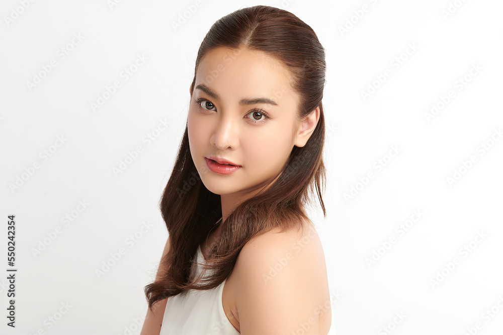 Fototapeta premium Beautiful young asian woman with clean fresh skin on white background, Face care, Facial treatment, Cosmetology, beauty and spa, Asian women portrait.