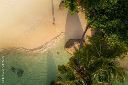 Drone View From Above Paradise Beach on Praslin Island, Seychelles