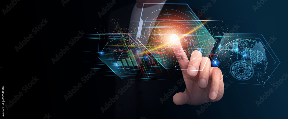 Businessman holding the glow light Data digital marketing analysis graph in dark background. 3D illustration in Technology concepts. Businessman holding the glow light Data digital marketing analysis graph in dark background. 3D illustration in Technology concepts.