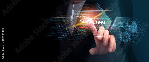 Businessman holding the glow light Data digital marketing analysis graph in dark background. 3D illustration in Technology concepts.