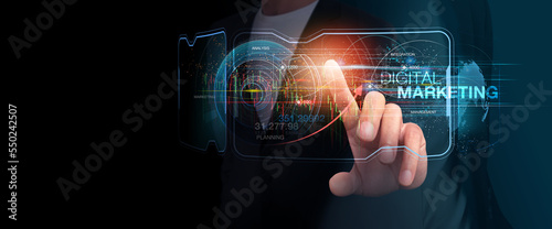 Businessman holding the glow light Data digital marketing analysis graph in dark background. 3D illustration in Technology concepts.