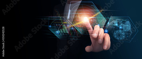 Businessman holding the glow light Data digital marketing analysis graph in dark background. 3D illustration in Technology concepts.
