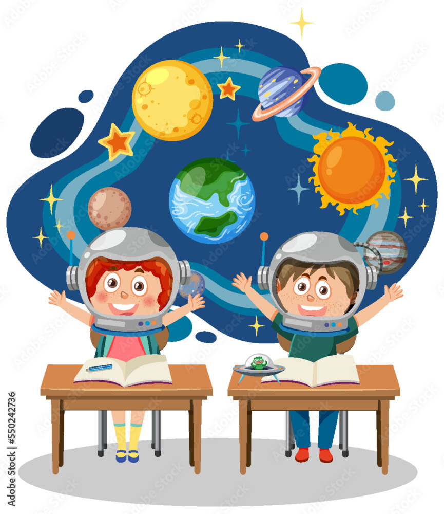 Student kids learning astronomy Student kids learning astronomy