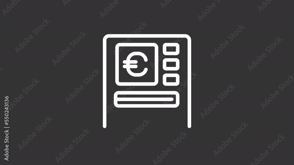 Animated teller white line icon. Withdrawing euro bills with ATM. Banking service. Seamless loop HD video with alpha channel on transparent background. Motion graphic design for night mode Animated teller white line icon. Withdrawing euro bills with ATM. Banking service. Seamless loop HD video with alpha channel on transparent background. Motion graphic design for night mode