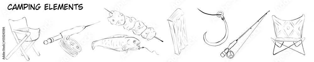 A set of camping items: a folding chair with wooden legs, a short fishing rod, a fish on a hook, a barbecue on a skewer, a piece of wood, a fishing hook, a long fishing rod, a folding chair with iron A set of camping items: a folding chair with wooden legs, a short fishing rod, a fish on a hook, a barbecue on a skewer, a piece of wood, a fishing hook, a long fishing rod, a folding chair with iron