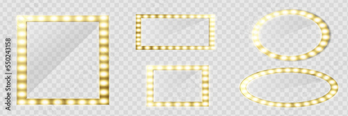 Makeup mirror isolated with gold lights. Vector square and round frames illustration