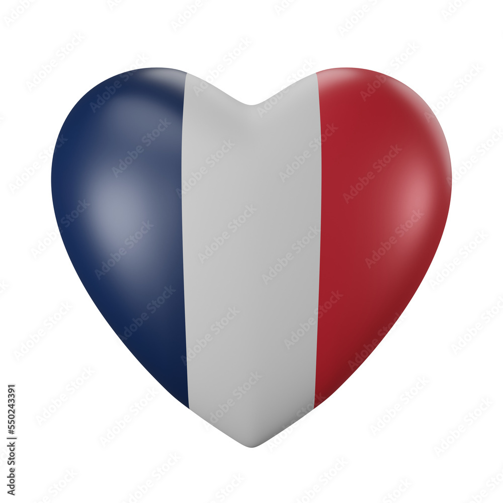 Heart shaped model with France flag colored. 3D rendering Heart shaped model with France flag colored. 3D rendering