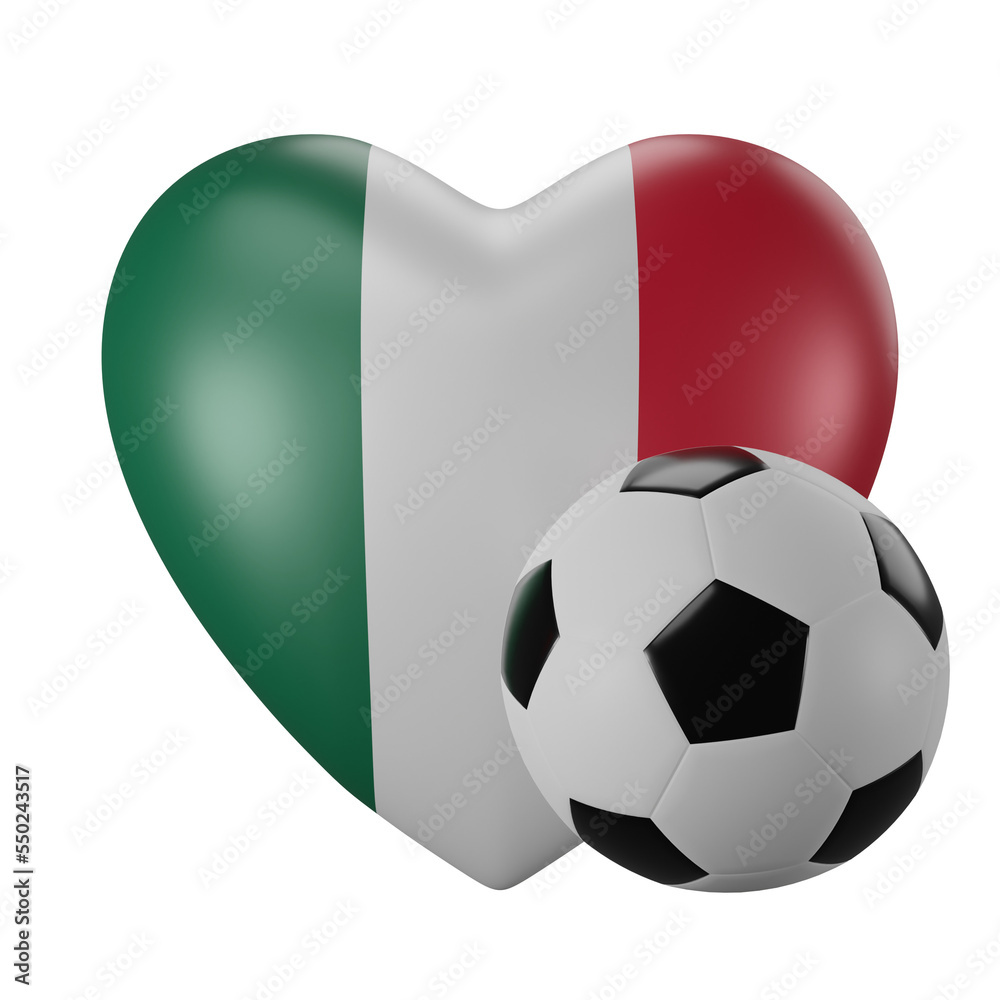 Heart shaped model with Mexico flag colored and soccer ball. 3D rendering. World cup 2022 Heart shaped model with Mexico flag colored and soccer ball. 3D rendering. World cup 2022