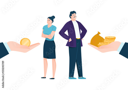 Gender inequality woman and man character get unequal salary, office business paycheck flat vector illustration, isolated on white.
