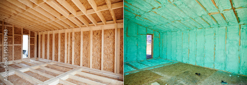 Photo collage before and after thermal insulation room in wooden frame house in Scandinavian style barn house. Comparison of walls sprayed by polyurethane foam. Construction and insulation concept.