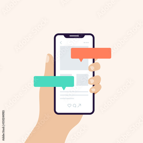 Hand holding smart phone in vertical position banner. Screen with speech bubbles and interface. Concept of chatting, user experience, comments. Vector illustration, flat design