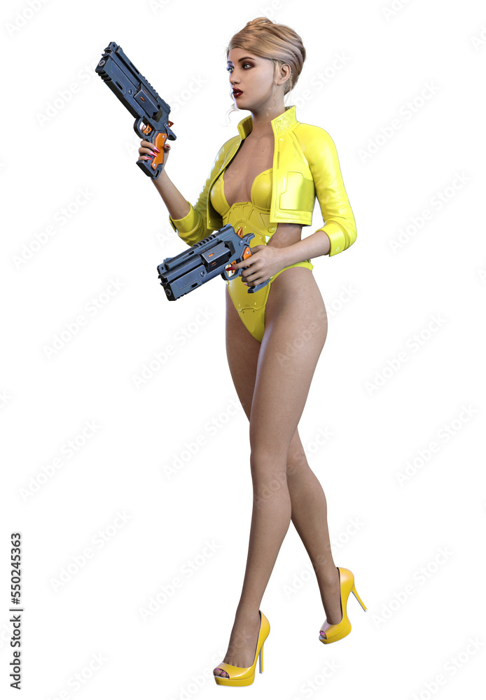 futuristic woman soldier in a yellow suit, armed with guns, 3d rendering futuristic woman soldier in a yellow suit, armed with guns, 3d rendering