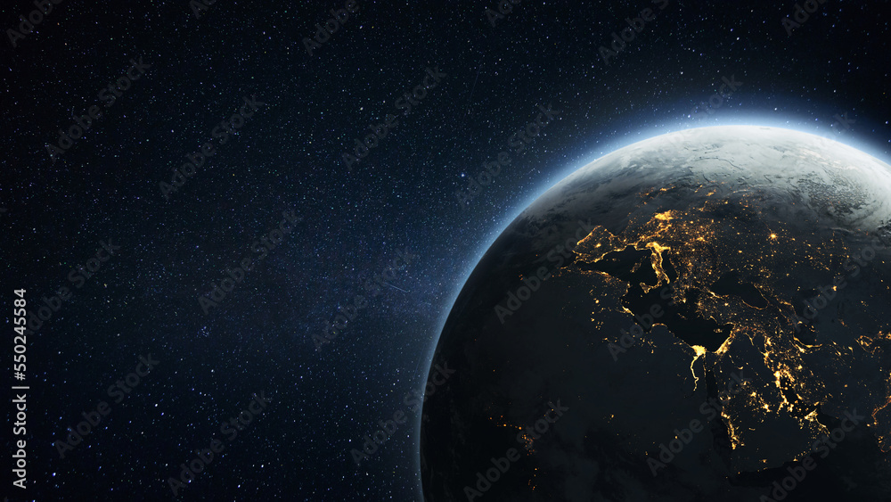 Amazing beautiful planet earth with yellow city lights in starry space. Technology, development and energy consumption in developed countries of Europe, Africa and the Middle East. Night Earth Amazing beautiful planet earth with yellow city lights in starry space. Technology, development and energy consumption in developed countries of Europe, Africa and the Middle East. Night Earth