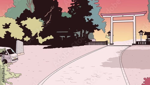 神社の境内のイラスト【鳥居・樹木・寺院・敷地・庭園・古都・参道・夕暮れ・和風・秋・観光旅行】