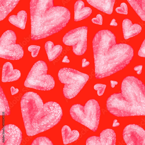 Watercolor seamless pattern with hearts. Bright watercolor romantic texture. Happy Valentine's day or wedding background. 