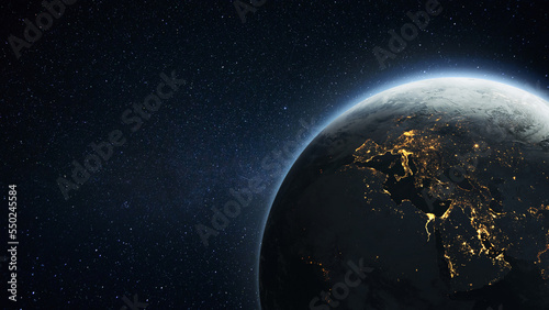 Amazing beautiful planet earth with yellow city lights in starry space. Technology, development and energy consumption in developed countries of Europe, Africa and the Middle East. Night Earth