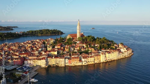 Aerial panorama of Croatian landmark, old town Rovinj and the cathedral of St. Euphemia, Istria, Croatia. 