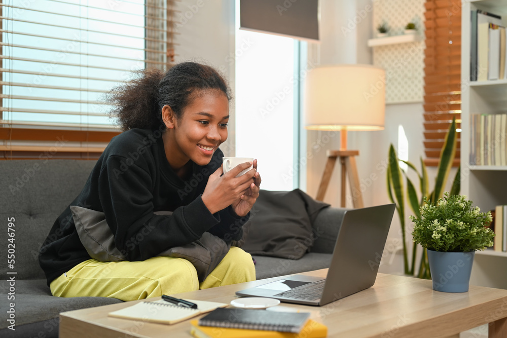 Smiling teenage woman enjoy browsing internet on laptop, while relaxing in comfortable living room Smiling teenage woman enjoy browsing internet on laptop, while relaxing in comfortable living room