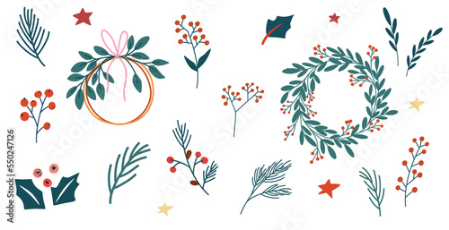 Fir branches, wreaths, leaf, Christmas decoration. Tree twigs, leaves, berries, flowers, natural decor. Xmas floral design elements set. Vector illustration hand-drawn isolated on the white background