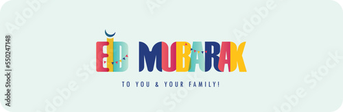 Eid Mubarak. Eid Mubarak greeting banner and cover for website. Eid Mubarak wish to you and your family. Colorful Eid Banner or Cover for social media with moon. Muslim festival cover.