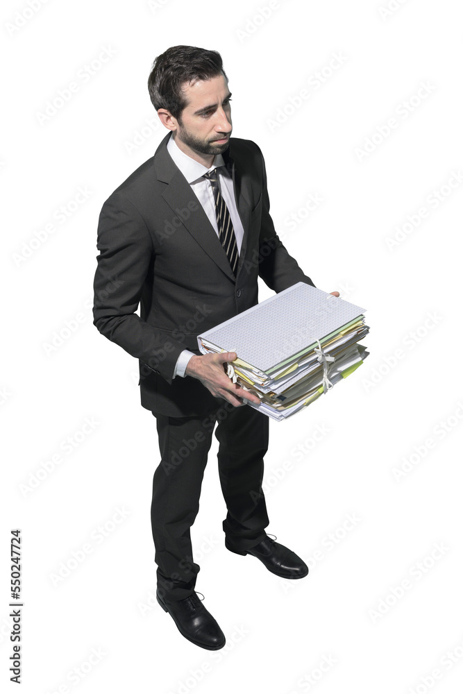 Corporate businessman holding a pile of paperwork