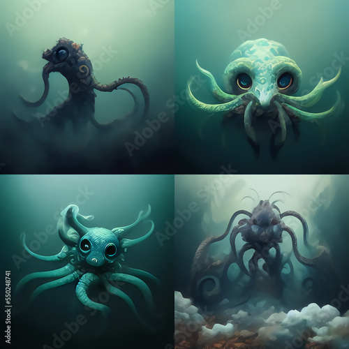 octopus in the night, fantasy, creature, diving, ocean, 