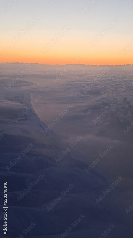 Aerial view dawn ground with snow