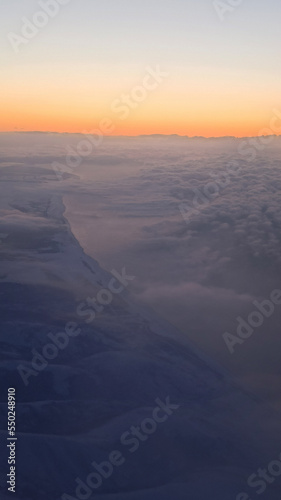 Aerial view dawn ground with snow