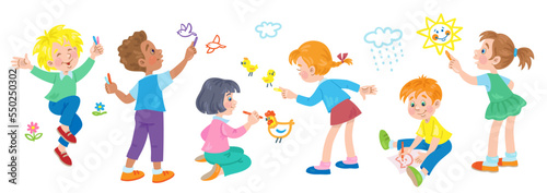 Children draw. Funny boys and girls are painting together. Banner in cartoon style. Isolated on white background. Vector flat illustration