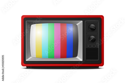 Vector 3d Realistic Red Retro Striped Screen TV Receiver Isolated on White Background. Home Interior Design Concept. Vintage TV Set, Television, Front View
