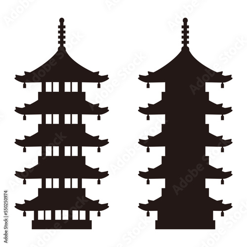 Japanese pagoda silhouette illustration, Buddhist architecture. Fototapet