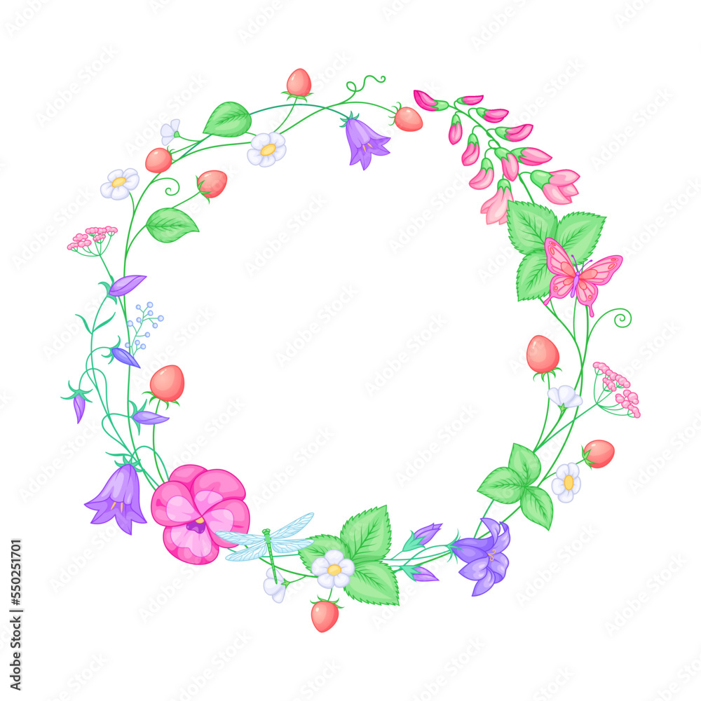 Beautiful summer flower wreath with flowers and berries. Vector illustration isolated on white background.