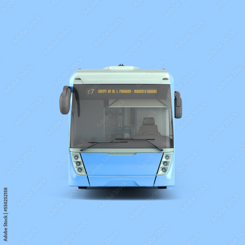 Front of blue city bus with open dors 3d render image on blue Stock ...