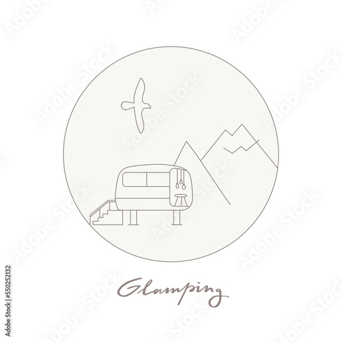 Vector linear glamping icon, label. Modern outdoor camp, trekking, nature reserve. Mountain landscape with house, tent, tipi, eagle, snow hills and lettering