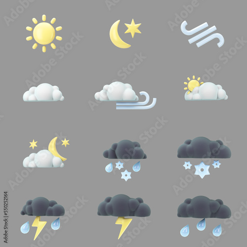 set of three-dimensional weather icons for an application or website 3d render on grey