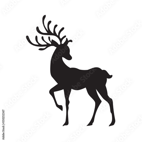 Vector cartoon stag big antlers illustration. Male deer black silhouette.