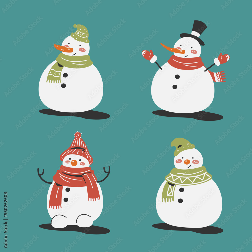 Set of cute snowman cartoon character isolated on blue background flat vector illustration cute cartoon element for Christmas decoration. Holiday concept. Merry Christmas and Happy new year.