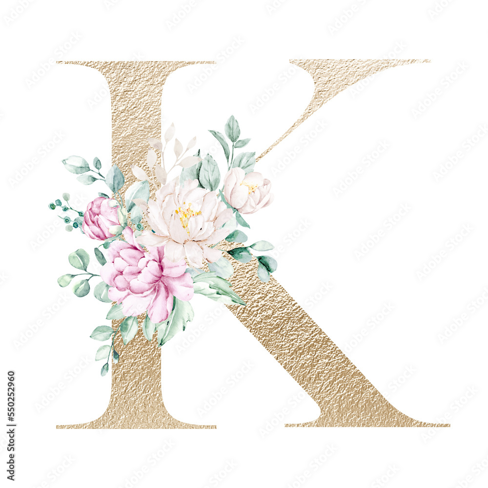 Floral alphabet, gold letter K with watercolor flowers and leaf ...