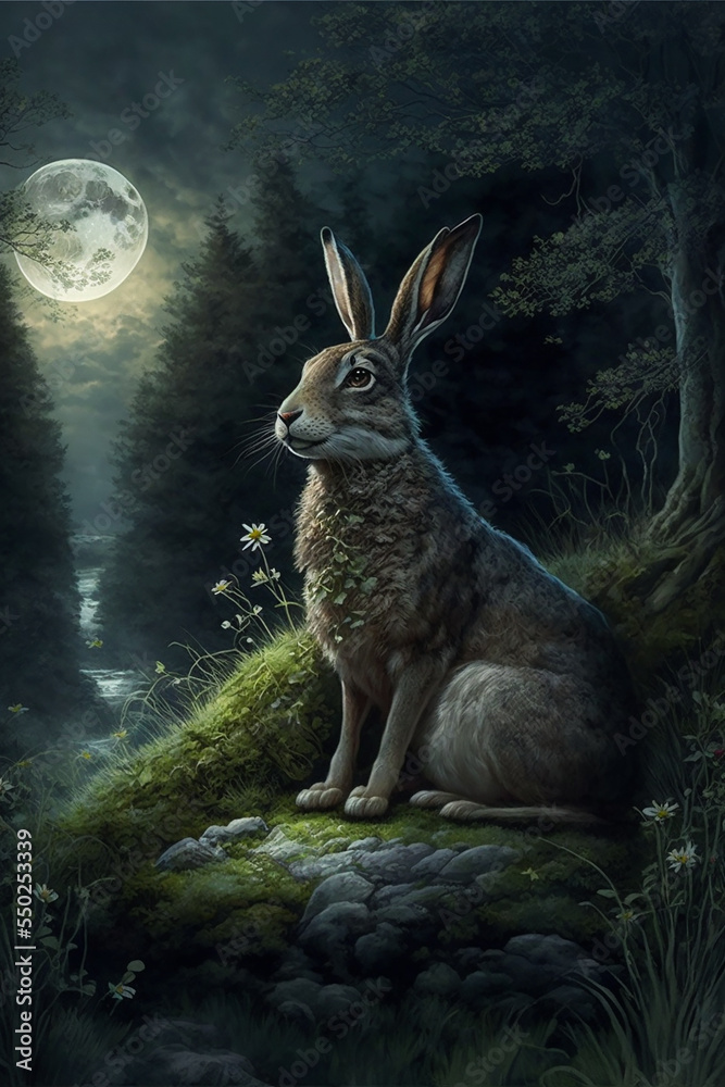 Rabbit in forest wildness night scene Rabbit in forest wildness night scene