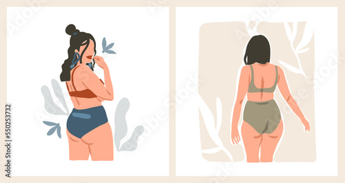 Hand drawn vector abstract graphic contemporary modern art,aesthetic fashion illustration with boho,beautiful modern female,simple trendy style.Woman design concept art.Plus size fashion models art.