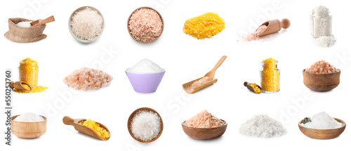 Collage of different sorts of salt on white background
