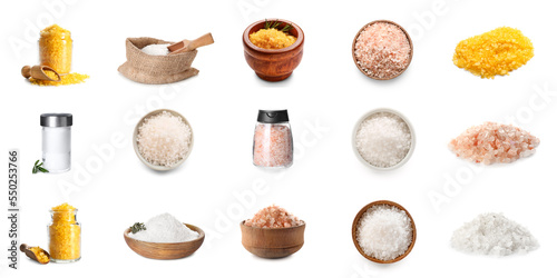 Group of different salt on white background