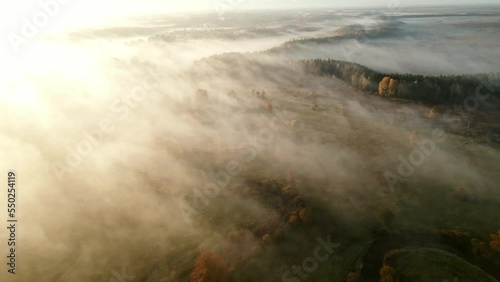 Aerial sunrise fog at the Soomaa National Park rivers photo